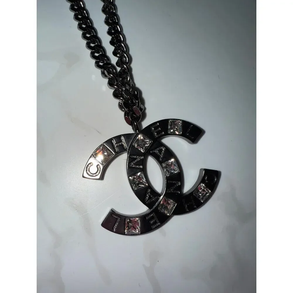 Chanel Black CC Logo Pendant Necklace with Crystal Accents Chain Jewelry